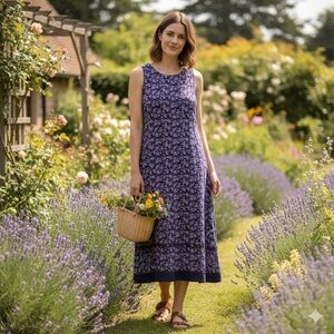 April Cornell Sz M Vintage Purple Floral Cottagecore Midi Sleeveless Dress